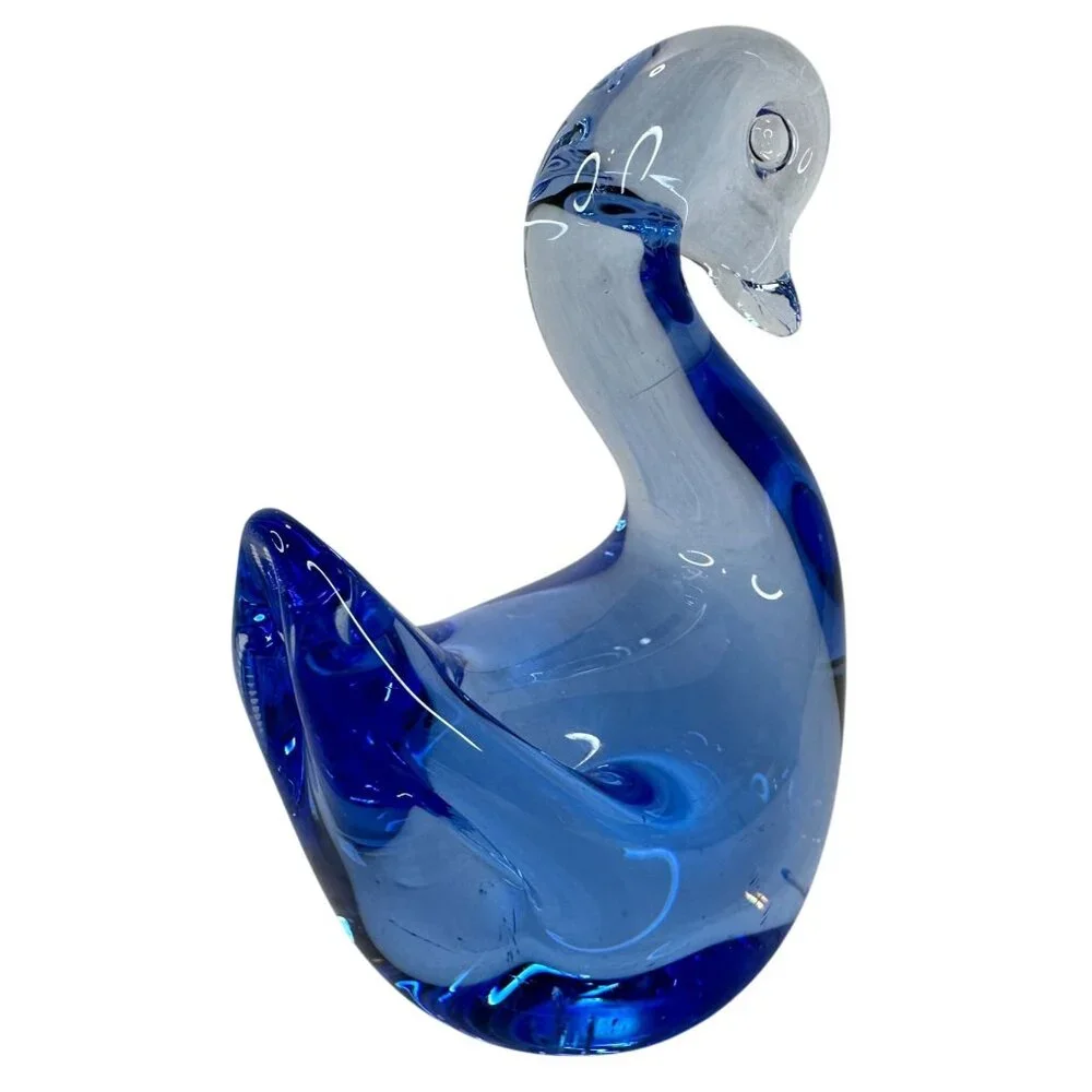 Swan Figurine Paperweight Hand Blown Art Glass Vintage Cobalt Blue 3 X 3.5 Decor